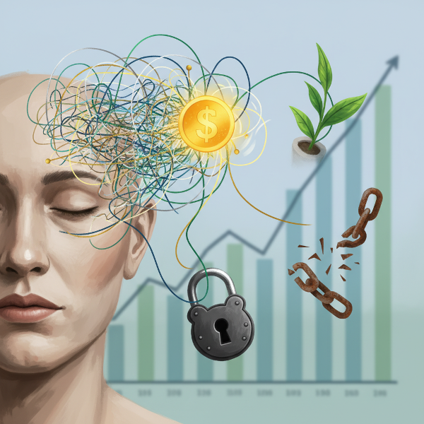 Kuvitteellinen kuva, joka havainnollistaa rahan emotionaalista ja psykologista puolta ihmisen mielessä.