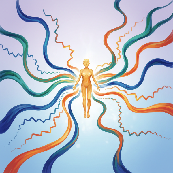 Kuva esittää ihmishahmon risteyksessä, jossa värikkäät, virtaviivaiset polut haarautuvat eri suuntiin, symboloiden elämän muutoksia ja henkilön kykyä sopeutua niihin.