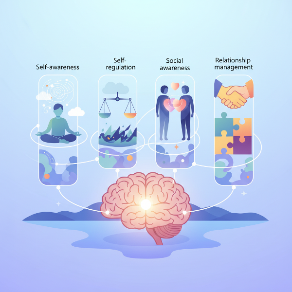 Neljästä pilarista koostuva abstrakti kuvitus, jotka edustavat tunneälyn perusosia: itsetietoisuus, itsesäätely, sosiaalinen tietoisuus ja suhdehallinta. Kuvassa on rauhallinen ja inspiroiva tunnelma.