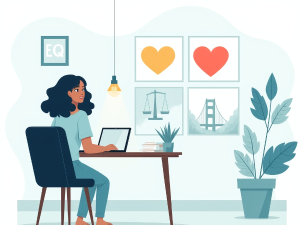 Rauhallinen ja nykyaikainen kuvitus tunneälytestistä, jossa havainnollistetaan sen neljää pääkomponenttia visuaalisin vertauskuvin.