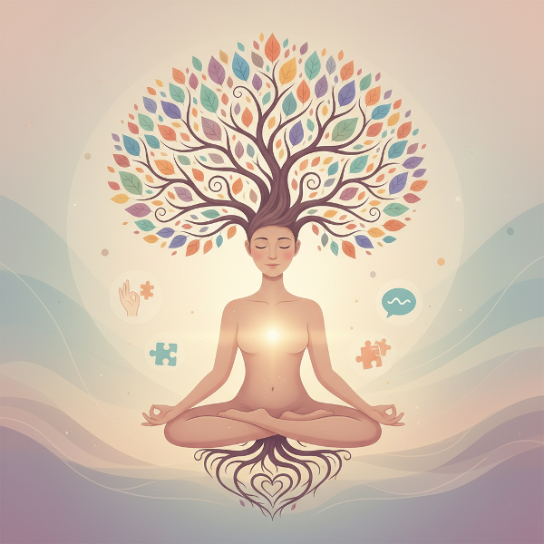 Kuva, jossa henkilö muuttuu tunteita ja kasvua symboloivaksi puuksi. Hahmon ympärillä leijuva empatian, konfliktienratkaisun ja tunteidenilmaisun symboleita. Tunnelma on rauhallinen ja toiveikas.