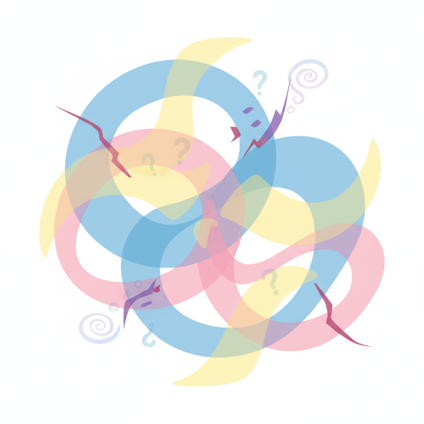 Värikäs abstrakti kuvitus, joka havainnollistaa tunnetilojen dynamiikkaa ja kommunikaatiotapoja ihmissuhteissa.