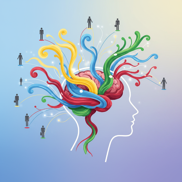 Abstrakti kuva, jossa ihmisen profiiliin yhdistyvät värikkäät, virtaavat tunnekuviot. Ne symboloivat eri tunteita ja niiden yhteyttä muihin ihmisiin, kuvaen tunneälyn dynamiikkaa.