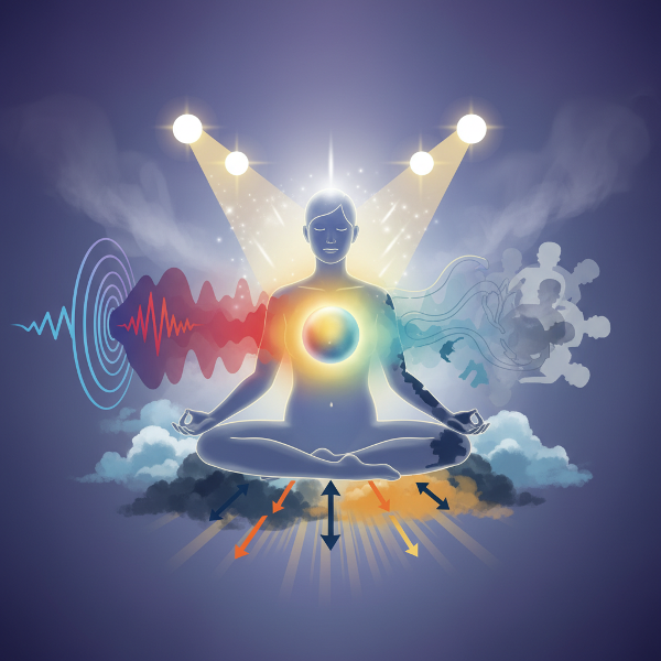 Kuva, jossa henkilön sisäinen tunnetila ja energia näkyvästi muuttuvat ympäröivien ulkoisten tekijöiden – kuten äänien, valojen, sosiaalisten tilanteiden ja sään – vaikutuksesta.