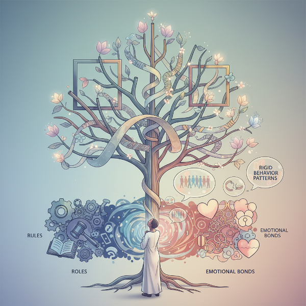 Symbolinen kuva perhedynamiikan vaikutuksista: perhepuu, jonka oksat edustavat sääntöjä, rooleja ja tunneyhteyksiä, ja henkilöä, joka pohtii niiden vaikutusta käyttäytymiseen.