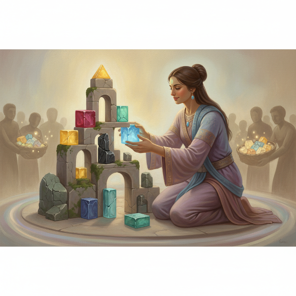 Kuva symbolisesta temppelistä, jota rakennetaan valikoimalla ja muokkaamalla perheestä saatuja 'rakennuspalikoita', jotka edustavat uskomuksia ja käyttäytymismalleja.