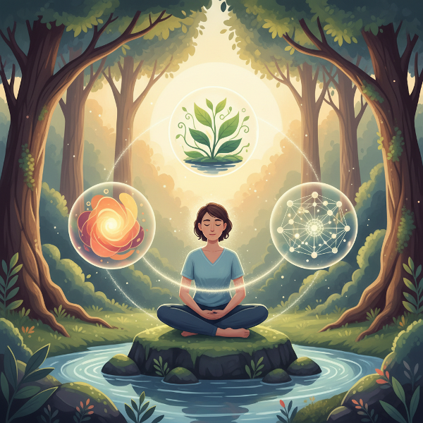 Kuvassa esitetään henkilö rauhallisessa luonnonympäristössä, jonka ympärillä leijuvat kolme toisiinsa kytkeytyvää hyvinvoinnin aluetta: emotionaalinen, psykologinen ja sosiaalinen. Kuva välittää tasapainon, kasvun ja yhteyden tunnetta.