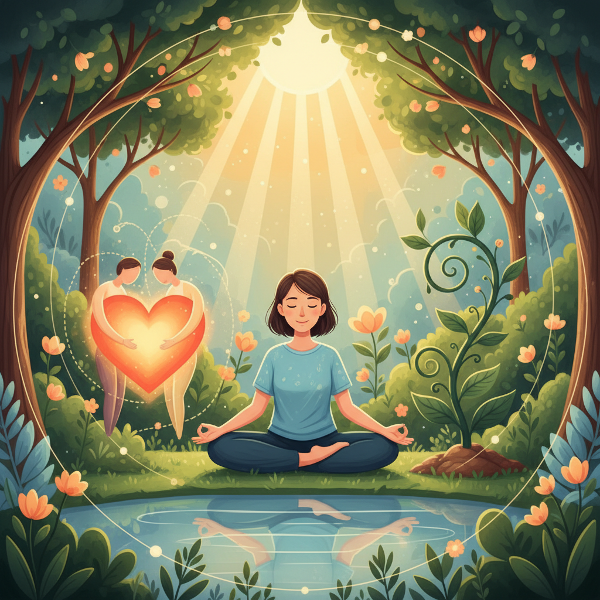 Kuvassa henkilö meditoi rauhallisessa puutarhassa, jossa eri elämän osa-alueet symbolisoituna sulautuvat harmoniseksi kokonaisuudeksi, kuvaamassa hyvinvoinnin tasapainoa.