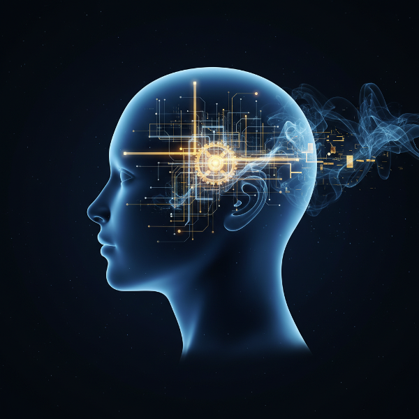 Kuvitus, jossa luovuutta kuvataan sisäisenä arkkitehtina. Pään sisällä näkyy monimutkainen, loistava ideoiden ja yhteyksien arkkitehtoninen suunnitelma.