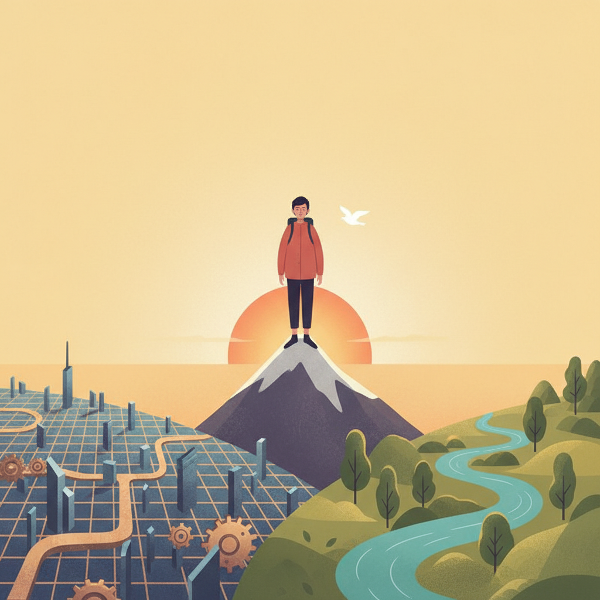Kuvassa henkilö seisoo vuoren huipulla auringonnousun aikaan, edessään kaksi erilaista polkua: jäykkä kaupunki ja luonnonmukainen maisema, symboloiden vapautta valita oma tie.