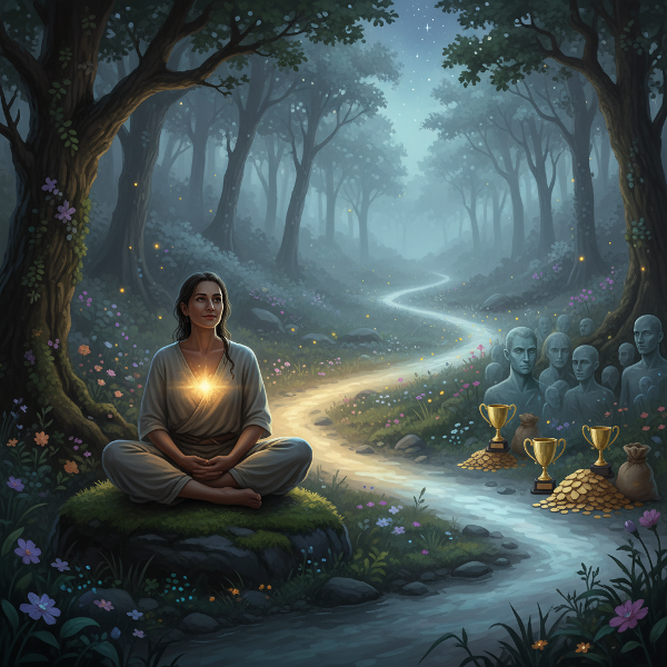 Kuvassa henkilö miettii valintaa kahden tien välillä: sisäisen valon ja ulkoisten odotusten tien.