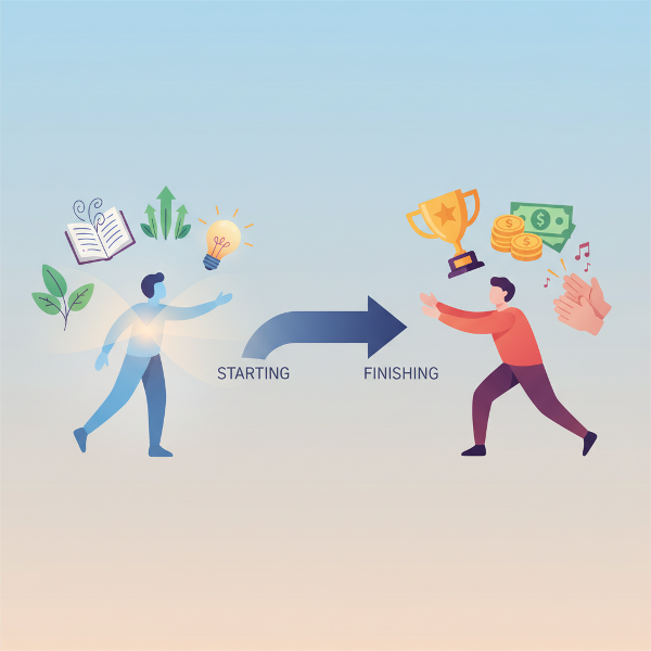 Kuvitus, joka havainnollistaa sisäistä ja ulkoista motivaatiota sekä suhdetta aloittamisen ja viimeistelemisen välillä.