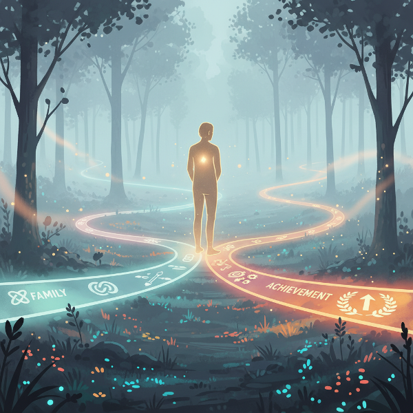 Henkilö mietteliäänä hehkuvien polkujen risteyksessä sumuisessa metsässä, jokainen polku edustaa erilaista ydinarvoa.