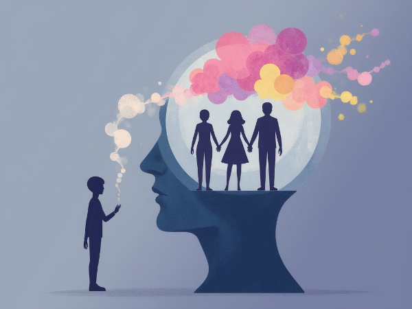 Symbolinen kuva, jossa ihmisen päässä näkyy lapsuuden perhekuva, havainnollistaen sisäisen äänen muodostumista.