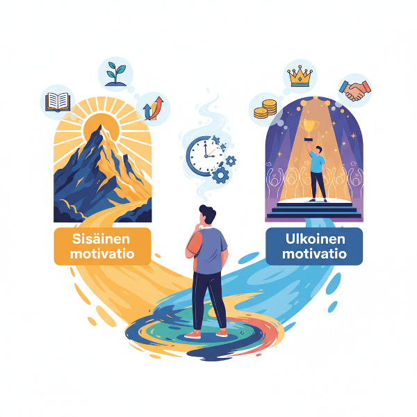 Kuva havainnollistaa sisäisen ja ulkoisen motivaation valintaa sekä viivyttelyn voittamista.