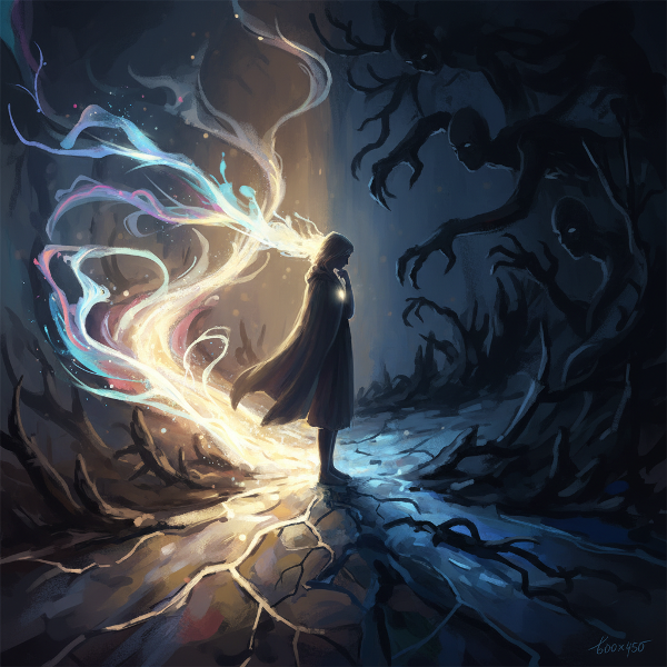 Kuva symboloi piileviä voimia ja varjoja, jotka vaikuttavat ihmisen polkuun. Henkilö seisoo valon ja varjojen risteyksessä, ympärillä näkymättömiä energioita.