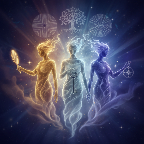 Kuva, jossa kolme arkkityyppihahmoa nousee kosmisesta sumusta, symboloiden sisäisen itsen tutkimista ja kasvua.