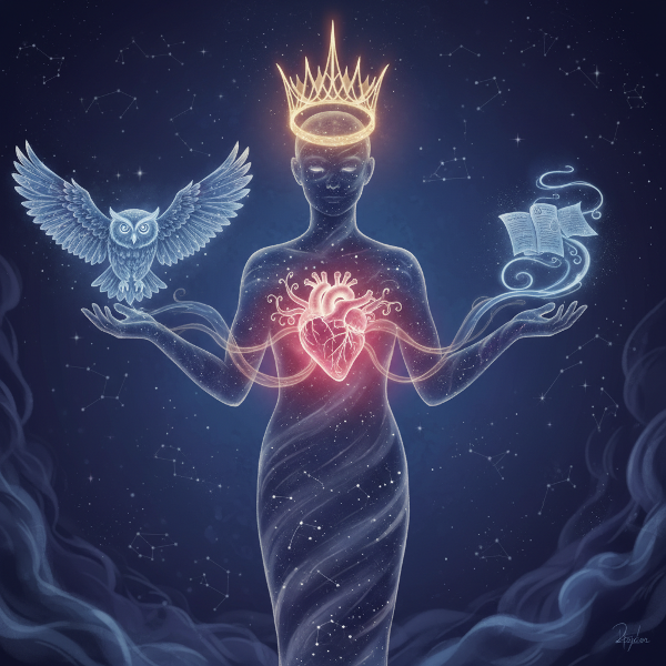 Kuva, jossa ihmishahmosta nousee esiin kolme erilaista arkkityyppistä symbolia, jotka edustavat sisäisiä psykologisia voimia tähtitaivaan sisällä.