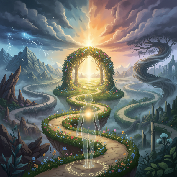 Kuva symboloi elämän odottamattomia risteyksiä ja erilaisia reaktioita muutoksiin, korostaen sisäistä resilienssiä ja valinnanmahdollisuuksia.