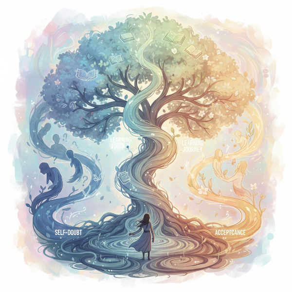 Kuva symboloi elämän päätöksiä ja niiden tunnevaikutuksia hahmon risteyksessä, jossa eri polut edustavat epävarmuutta, hyväksyntää ja oppimista.