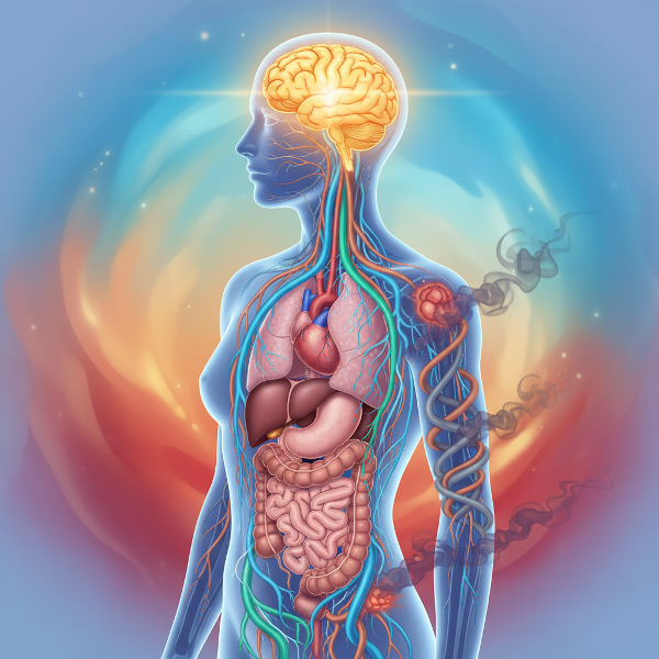 Kuvitus, jossa mielen ja kehon yhteys kuvataan symbolisesti läpikuultavan hahmon ja hehkuvien hermoratojen avulla.