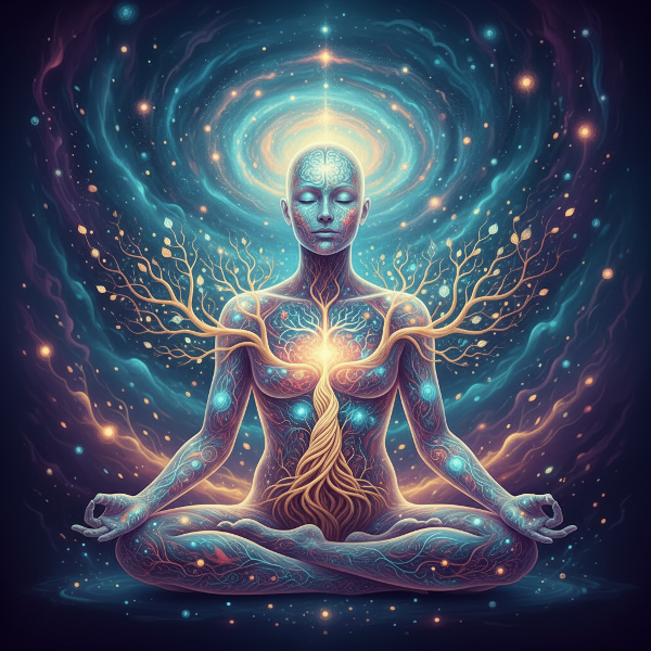 Symbolinen kuva mielen ja kehon yhteydestä, jossa rauhallinen hahmo paljastaa sisäisen loistavan hermo- ja hermosolujen verkoston.