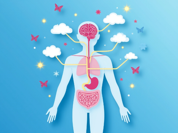 Kuva, joka havainnollistaa mielen ja kehon yhteyttä läpikuultavan ihmishahmon avulla, jossa ajatukset ja tunteet virtaavat kehon fyysisiin tuntemuksiin.