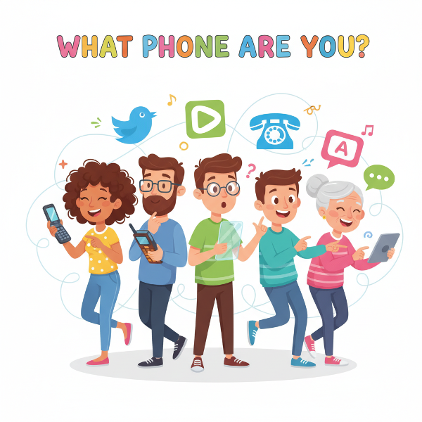Hauska ja värikäs kuvitus puhelinpersoonallisuustestistä, jossa ihmiset vertailevat erilaisia puhelimiaan.