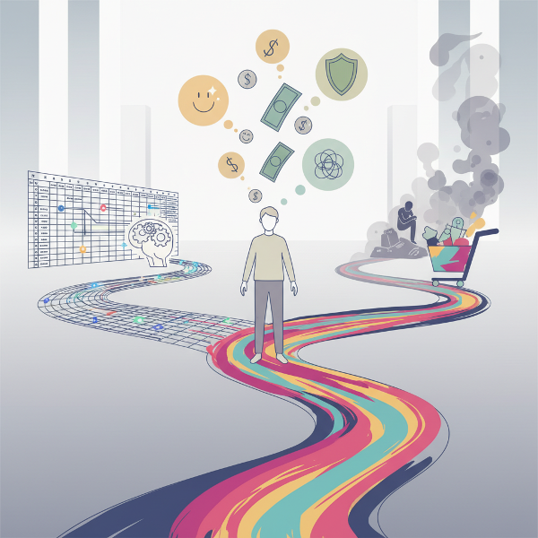 Kuvitteellinen kuva, jossa henkilö seisoo rahatietoisuuden risteyksessä. Rahaa esittävät symbolit muuttuvat tunnekupliksi, havainnollistaen rahan psykologista vaikutusta.