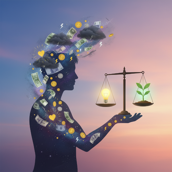 Kuva, jossa henkilön hahmo sisältää rahan ja tunteiden symboleita, ja hän saavuttaa kohti tasapainoa ja kasvua.