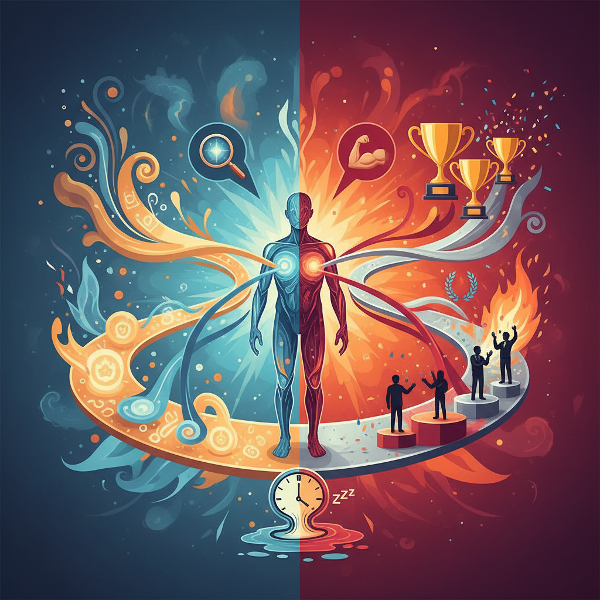 Kuva symboloi sisäistä ja ulkoista motivaatiota, energian suuntautumista sekä keskittymisen ja tahdonvoiman elementtejä risteyksessä olevan henkilön kautta.