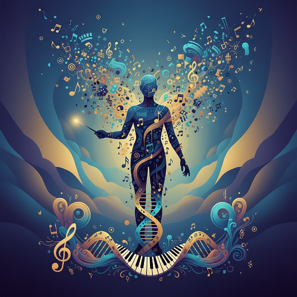 Värikäs abstrakti kuva, jossa musiikin ja rytmin metaforat havainnollistavat persoonallisuuden syvällistä tarkastelua. Ihmishahmon ääriviivoista virtaa väreileviä nuotteja ja sävelmiä, jotka edustavat luontaista tapaa ilmaista itseään maailmalle.