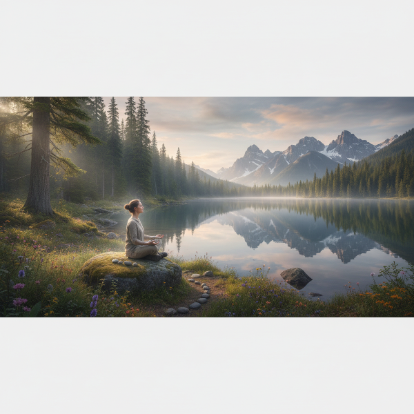 Rauhallinen luontomaisema, jossa henkilö kokee yhteyden ympäristöönsä, havainnollistaen luonnon antamaa mielenrauhaa ja psyykkistä hyvinvointia.