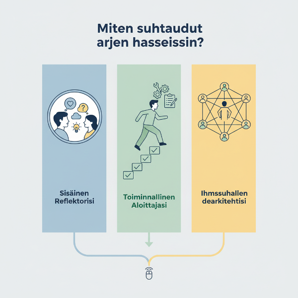 Infografiikka, joka havainnollistaa persoonallisuustestiä ja sen kolmea strategiatyyppiä: sisäinen reflektio, toiminnallinen aloittaminen ja ihmissuhdearkkitehtuuri.