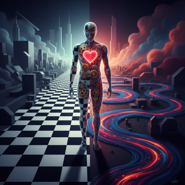 Kuva esittää henkilöä ristiriitaisten polkujen risteyksessä, havainnollistaen sisäisiä konflikteja, valinnan mahdollisuuksia ja vastakkaisuuksien välistä jännitettä.