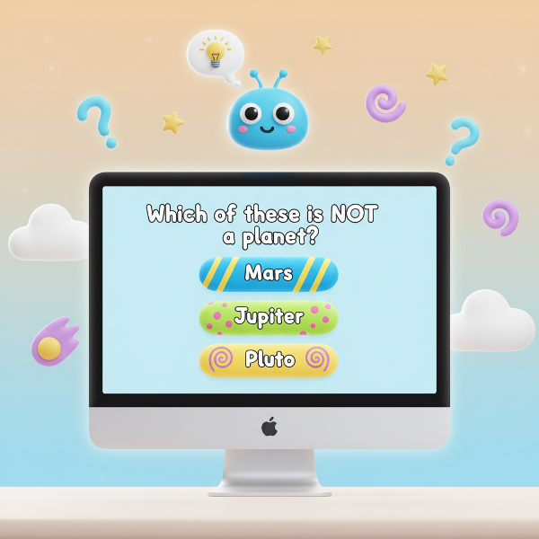 Värikäs ja leikillinen näkymä verkkotestistä, jossa on kysymys ja kolme eloisaa vastausvaihtoehtoa.