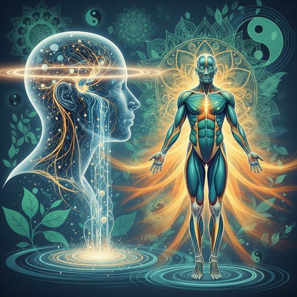 Kuvitus, jossa henkisen energian ja fyysisen vireyden yhteys kuvataan valoa ja elinvoimaa säteilevänä virtana ihmishahmossa.