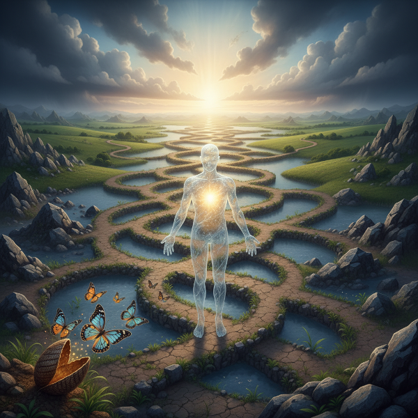 Kuva symboloi psykologista joustavuutta ja sopeutumista elämän käänteisiin. Henkilö risteävillä poluilla muuttuvassa maisemassa, sisäinen voima hehkuu, perhoset kotilosta kuvaavat kasvua vaikeuksien jälkeen. Tunnelma on toiveikas.