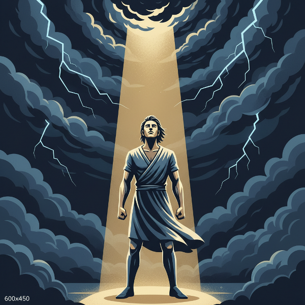 Symbolinen kuva henkilöstä, joka pysyy lujana myrskyn keskellä, valonsäde osoittaa tietä eteenpäin, havainnollistaen psykologista resilienssiä.