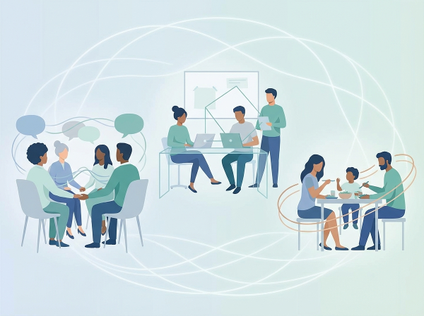 Kuvitus, jossa on monenlaisia ihmisten välistä suhteita ja sosiaalista vuorovaikutusta eri ympäristöissä, symboloiden viestintää ja tunnesiteitä.