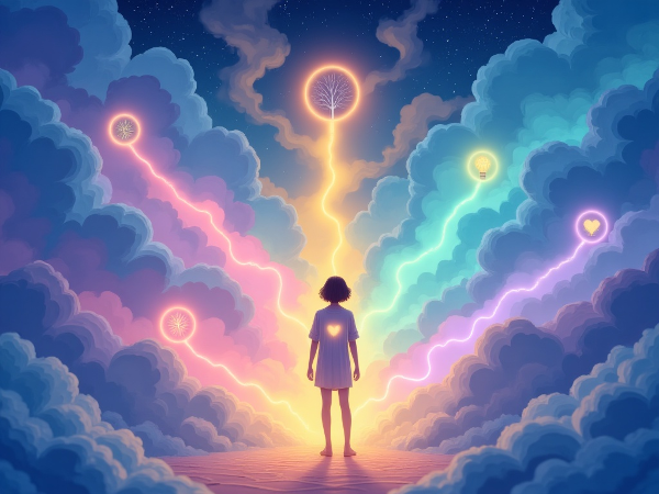 Minimalistinen kuva, jossa henkilö seisoo hehkuvien polkujen risteyksessä unenomaisessa maisemassa. Polkujen symbolit edustavat erilaisia elämän arvoja.