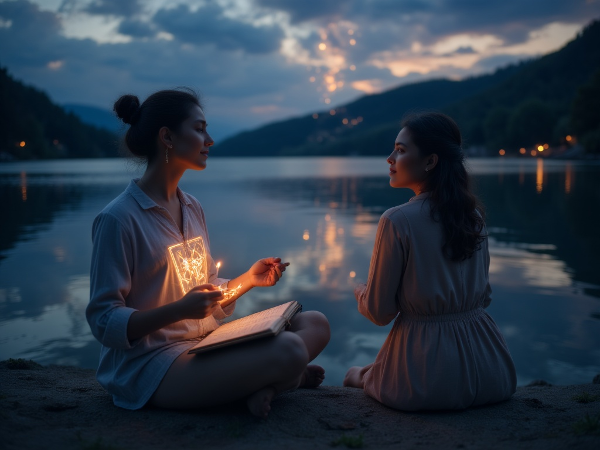 Henkilö istuu järven rannalla ja katselee omaa heijastumistaan, joka paljastaa sisäisiä arvoja ja elämänpolkuja. Kuvassa on rauhallinen ja pohdiskeleva tunnelma.