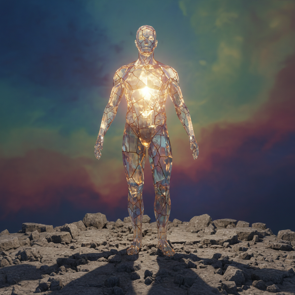 Kuvassa on kristallista ihmishahmo epätasaisella maaperällä, symboloiden moniulotteista minäkuvaa ja sen perustan vahvuuksia ja heikkouksia. Sisäinen valo edustaa itsetuntemusta.