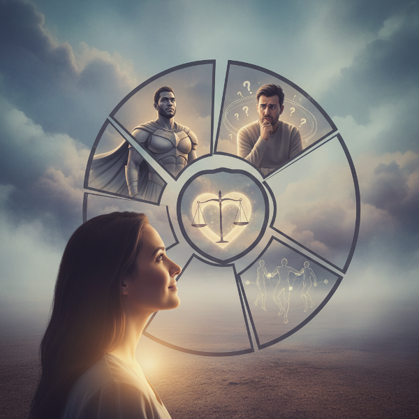 Kuva henkilöstä, joka katsoo rikkoutuneeseen peiliin. Jokainen siru heijastaa eri puolta identiteetistä: vahvuuksia, heikkouksia, arvoja ja vuorovaikutusta. Taustalla on pehmeä, abstrakti maisema, joka symboloi varmuutta ja epävarmuutta. Tunnelma on sisäänpäin kääntyvä ja toiveikas.