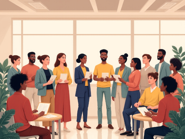 Kuva havainnollistaa erilaisia sosiaalisia vuorovaikutustapoja: rauhallista kuuntelua, aktiivista osallistumista ja johtamista ryhmässä.