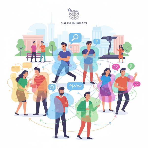 Kuvitus sosiaalisesta intuitiosta, jossa erilaiset ihmiset vuorovaikuttavat ja heidän sosiaalisen hahmottamisen tyylinsä esitetään värien ja visuaalisten metaforoiden avulla.
