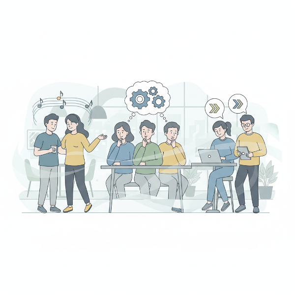 Kuvitus sosiaalisesta sävytuntemuksesta, jossa eri tyyliset ihmiset lukevat ryhmädynamiikkaa havainnoimalla, harmonisoiden tai toimien.