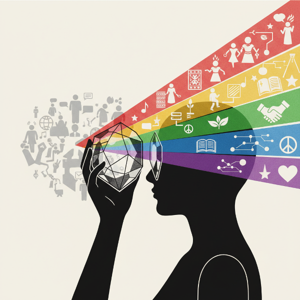 Kuva, jossa henkilö katselee monimuotoista sosiaalista maailmaa psykologisen prismalinssin läpi. Linssi jakaa näkymän erivärisiksi valonsäteiksi, jotka edustavat erilaisia sosiaalisia taipumuksia ja tulkintoja.