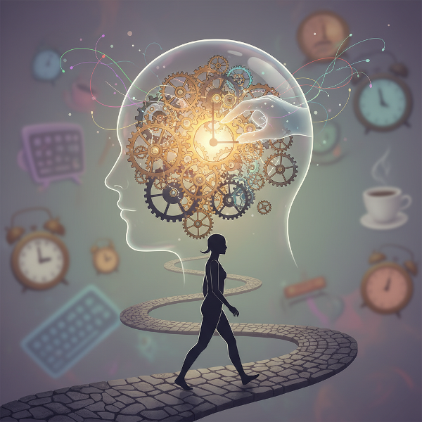 Kuva, joka havainnollistaa tiedostamattomia tottumuksia ja automaattista käyttäytymistä symbolisesti ihmisen päässä olevina hammasratas- ja koneistomekanismeina.