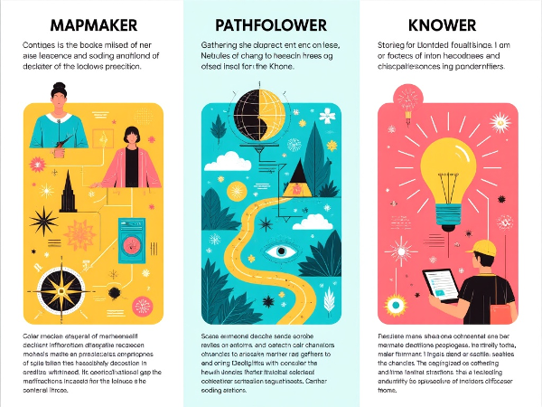 Abstrakti, moderni kuva, joka havainnollistaa kolmea sisäistä navigaattorityyliä: Kartantekijää, Polunseuraajaa ja Tuntijaa. Kuvassa on symbolisia elementtejä, jotka edustavat erilaisia tapoja kerätä tietoa, käsitellä muutosta ja asettaa tavoitteita.
